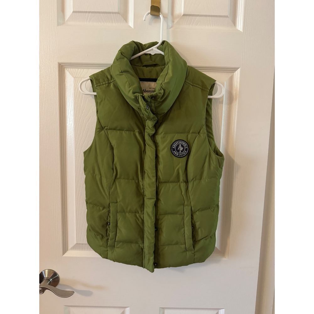 Abercrombie & Fitch Puffer Vest Women Medium Olive Green Quilted Down Blend Logo